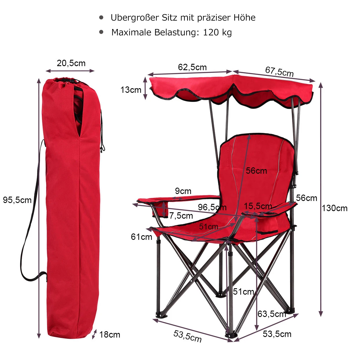 Campings tuhl mit Sonnen verdeck, Angels tuhl mit Getränke halter, Klappstuhl mit Trage tasche, Klappstuhl 120 kg Tragfähigkeit – Detail 7