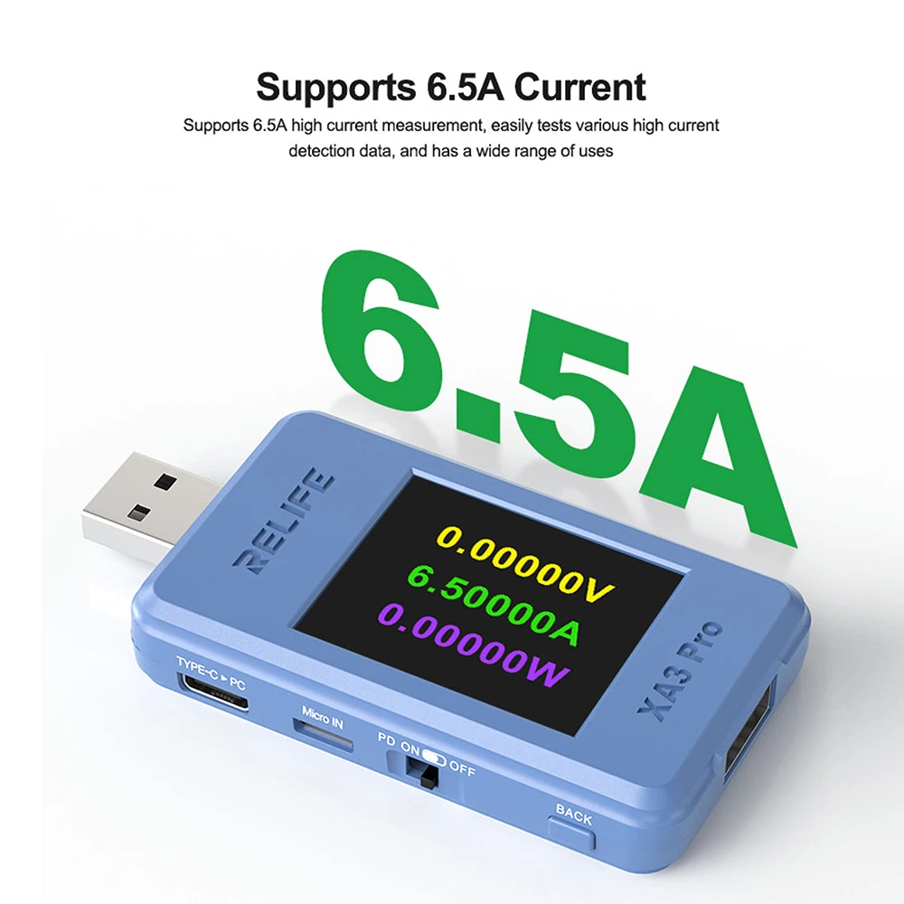 USB Tester Type-C PD Digital Capacity Meter 6.5A Voltage Current Monitor Power Bank Charger Detector SCP,AP,QC3.0 Fast Charging