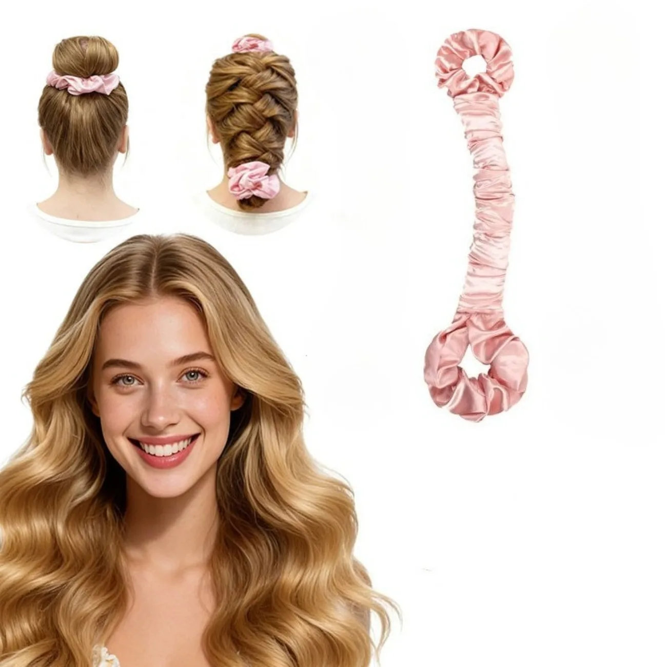 1 multifunctional satin heatless curling iron & hair tie, trace-free curling wand with hair tie, large size, cream pink