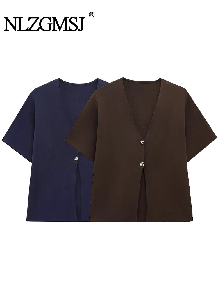 

2025 Summer Casual Chic Knitted Sweaters Women Gold Buttons V-Neck Short Sleeve Cardigans Fashion Tops