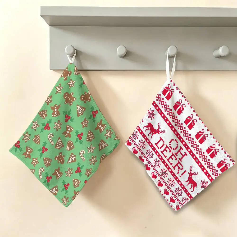 Merry Christmas Polyester Cotton Hand Wiping Towel, Hanging Design, Durable for Household Restaurant Toilet Use