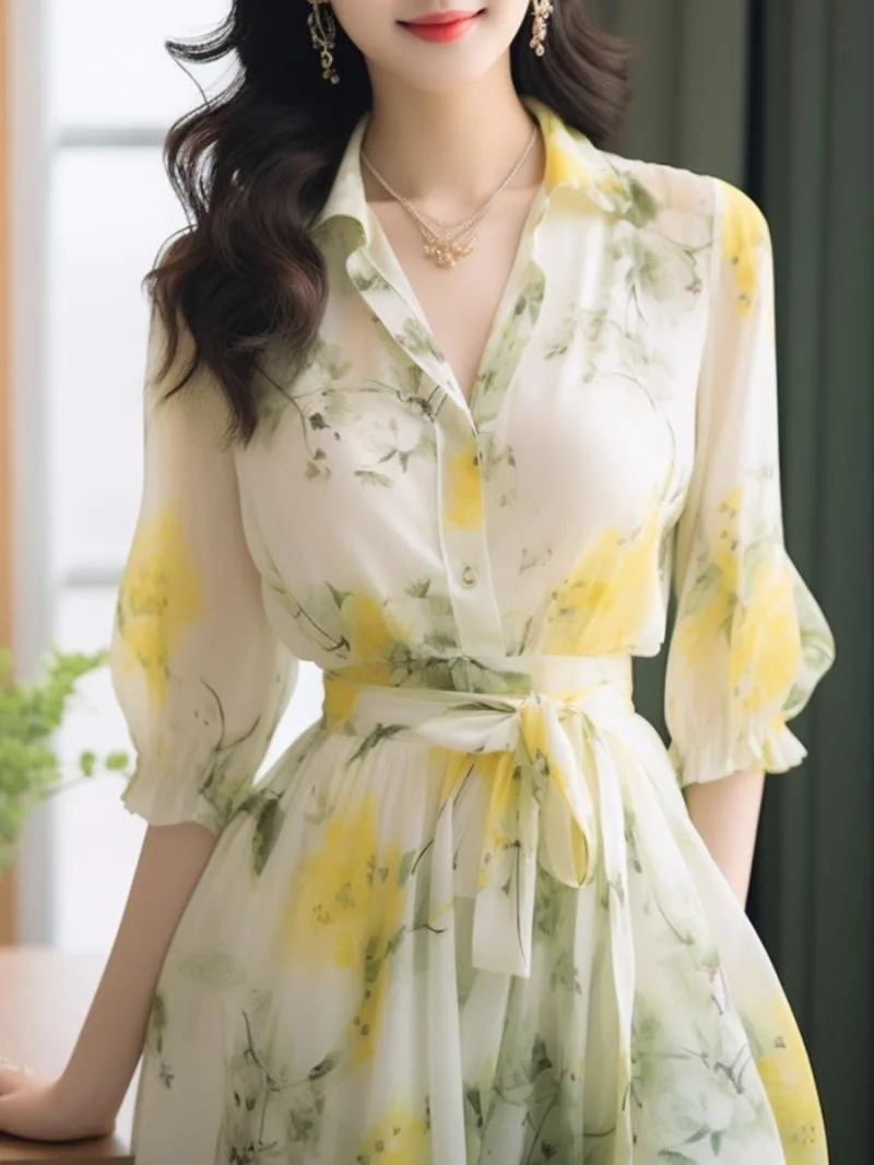 

High Quality Summer Elegant Fashion Floral Printed Vestido Female Half Sleeve Casual Lace Up Robe Women Vintage Chiffon Dress