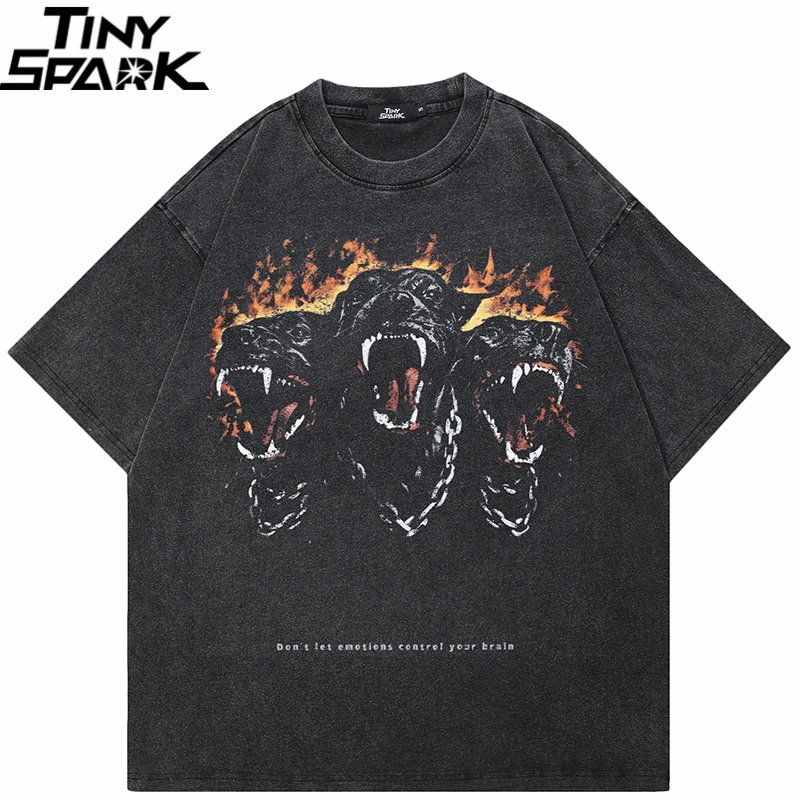 Hip Hop 2024 Vintage Washed Black T-Shirt Streetwear Fire Dog Animal Graphic T Shirt Cotton Hipster Men Tshirt Unisex Tops Tees