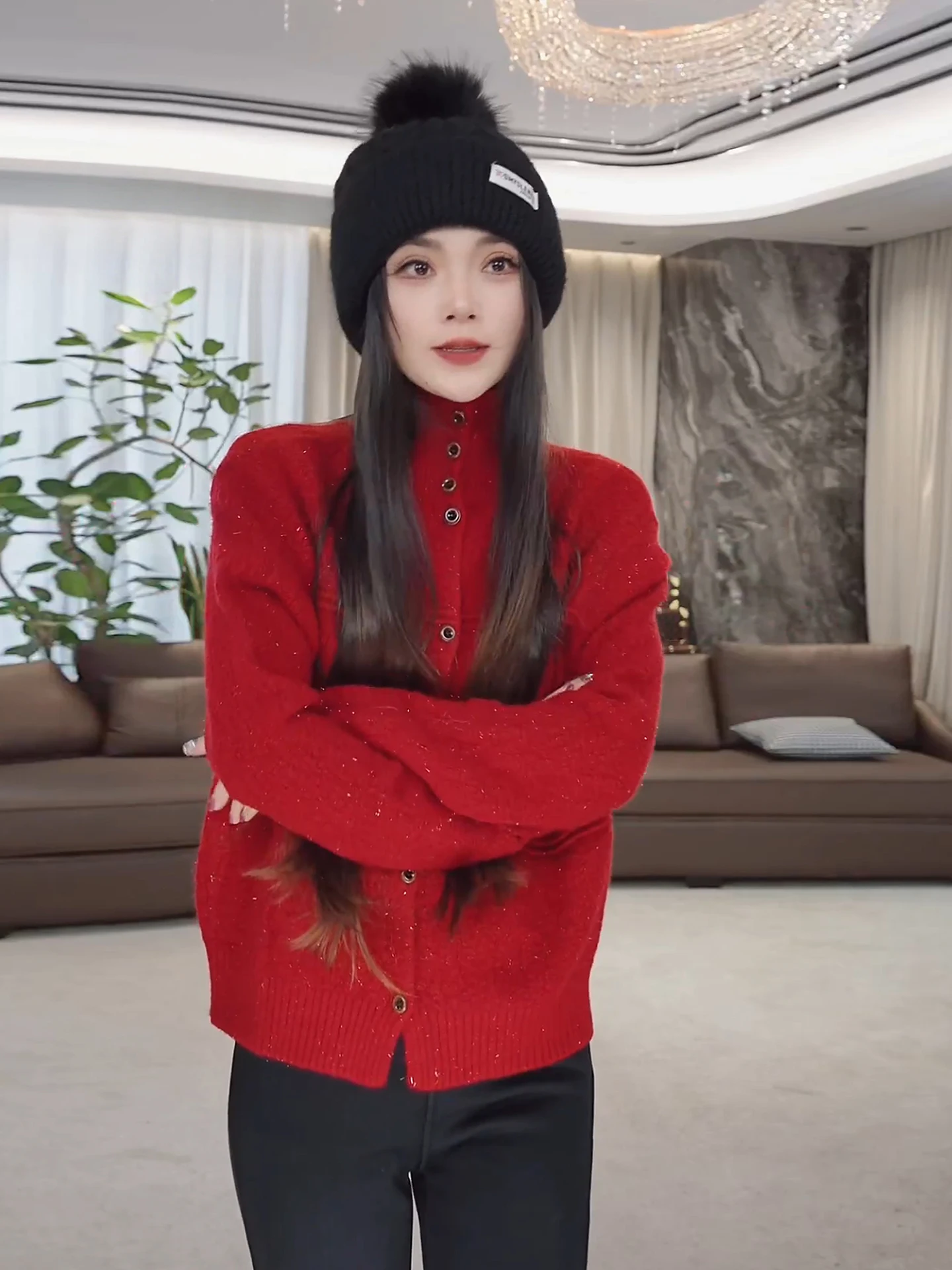 

eila Thiened Knitted High Collar Sparkling Red Sweater Faionable Casual Sle Women's Cardigan Warm Long Sve Winter ...