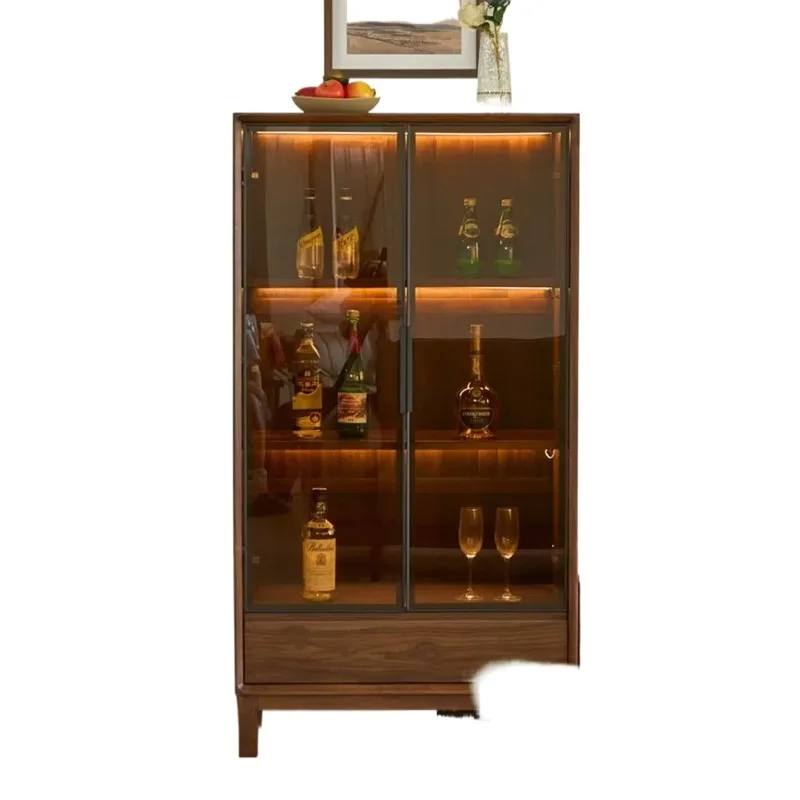 Black walnut wine Solid wood modern simple glass Household storage Side cabinet