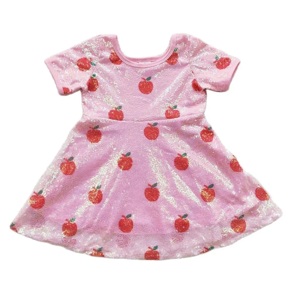 Wholesale Children Summer Back To School Baby Girl Pink Sequins Kids Apples Dress Toddler Short Sleeves Knee Length Clothing