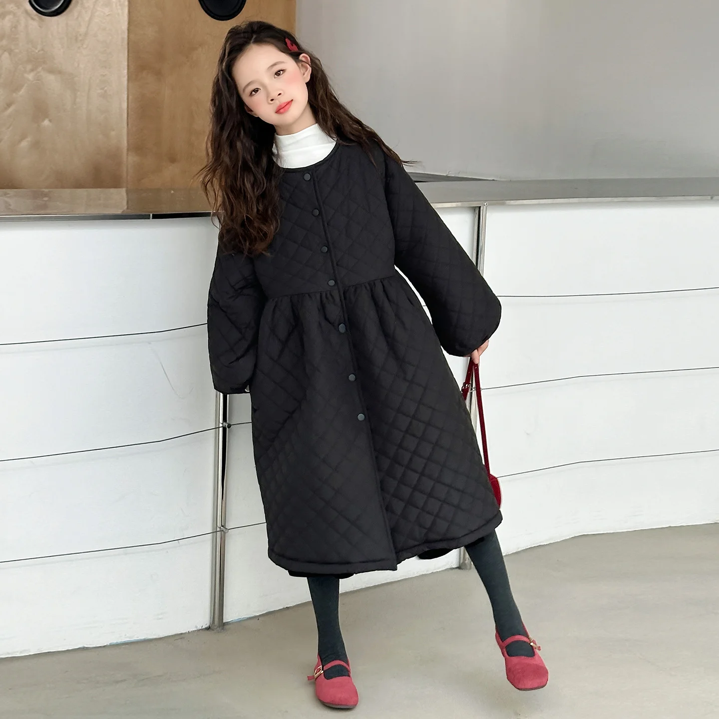 فستان قطني فضفاض وخفيف الوزن بتصميم كلاسيكي متوسط الطول، جاكيت قطني دافئ للفتيات مع مشبك قطني #6