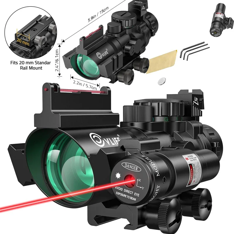 4x32 Prism Scope Red & Green & Blue Illuminated Reticle Scope with Fiber Optic Sight & IIIA/2MW Red/Green Laser Sight 20mm Rail