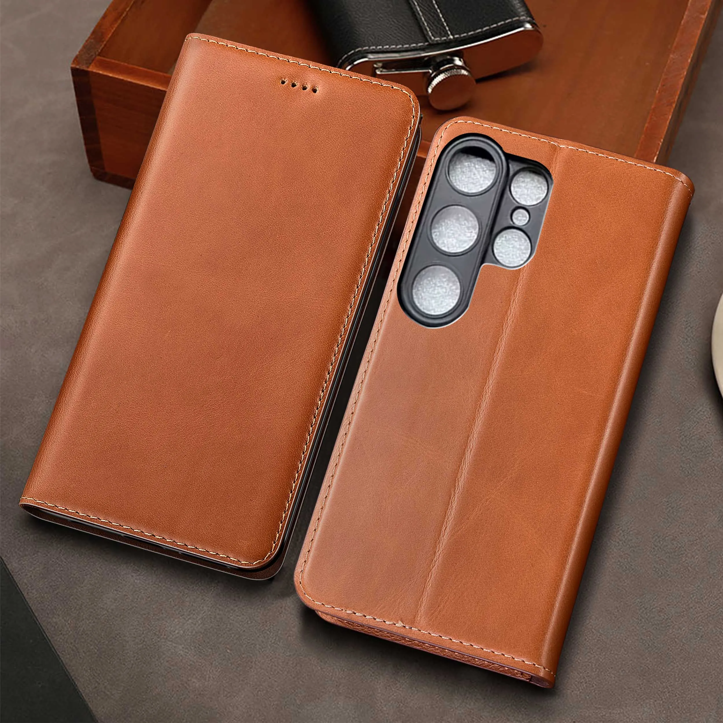 

For Samsung Galaxy S21 S22 S23 S24 S25 Edge Plus Ultra FE Wax Drop Pattern Genuine Leather Flip Phone Case Cowhide Scratch-Proof