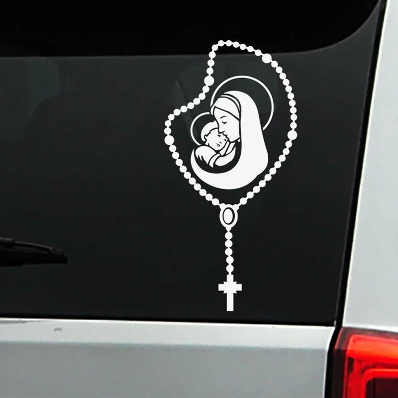 17*8.4cm Rosary Beads Baby Jesus & Mother Mary Car Stickers Vinyl Waterproof Decal Religion Church Faith Car Styling