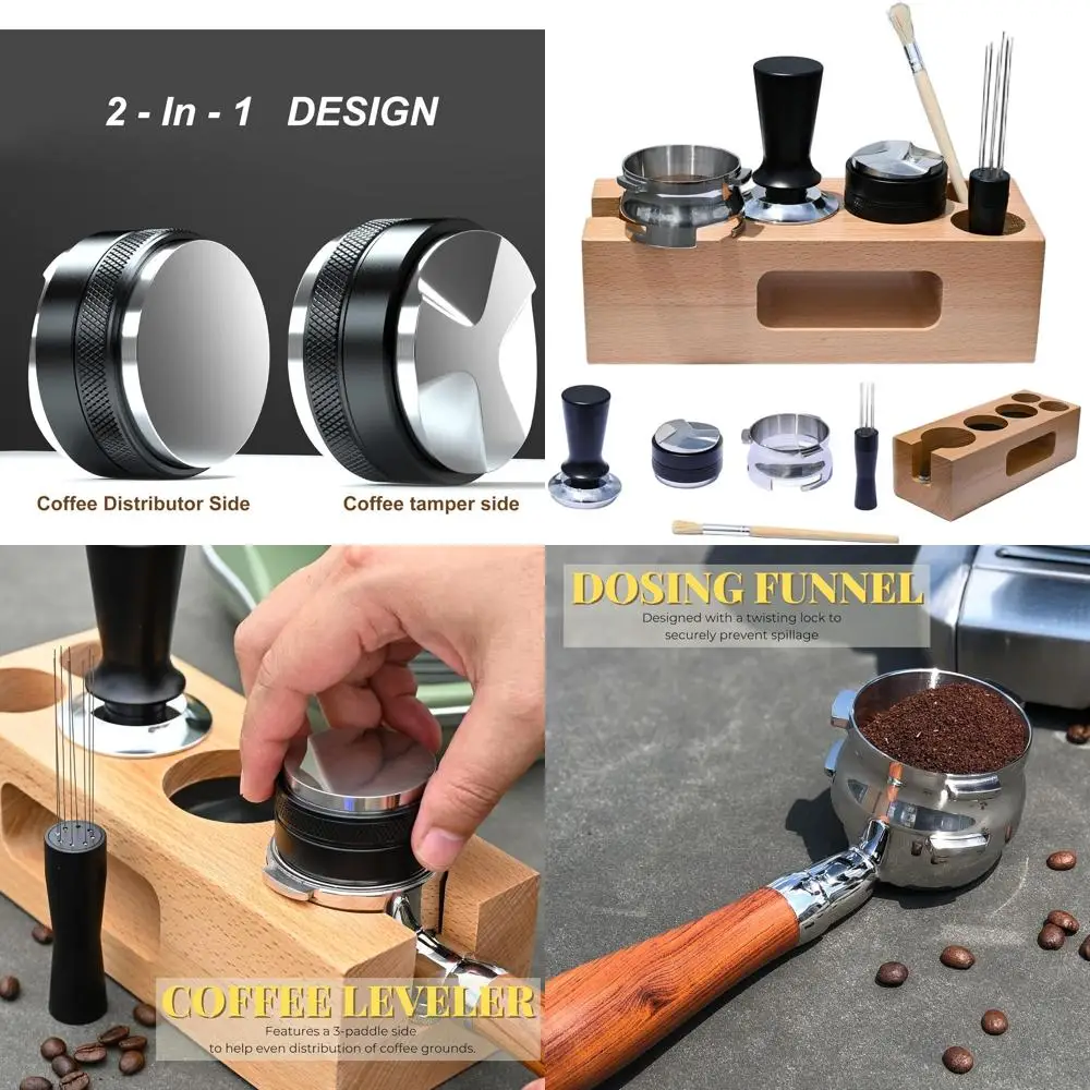 

All-in-One 54mm Espresso Tamper Set with Distributor, Dosing Funnel, Stirrer, and Cleaning Brush for Baristas