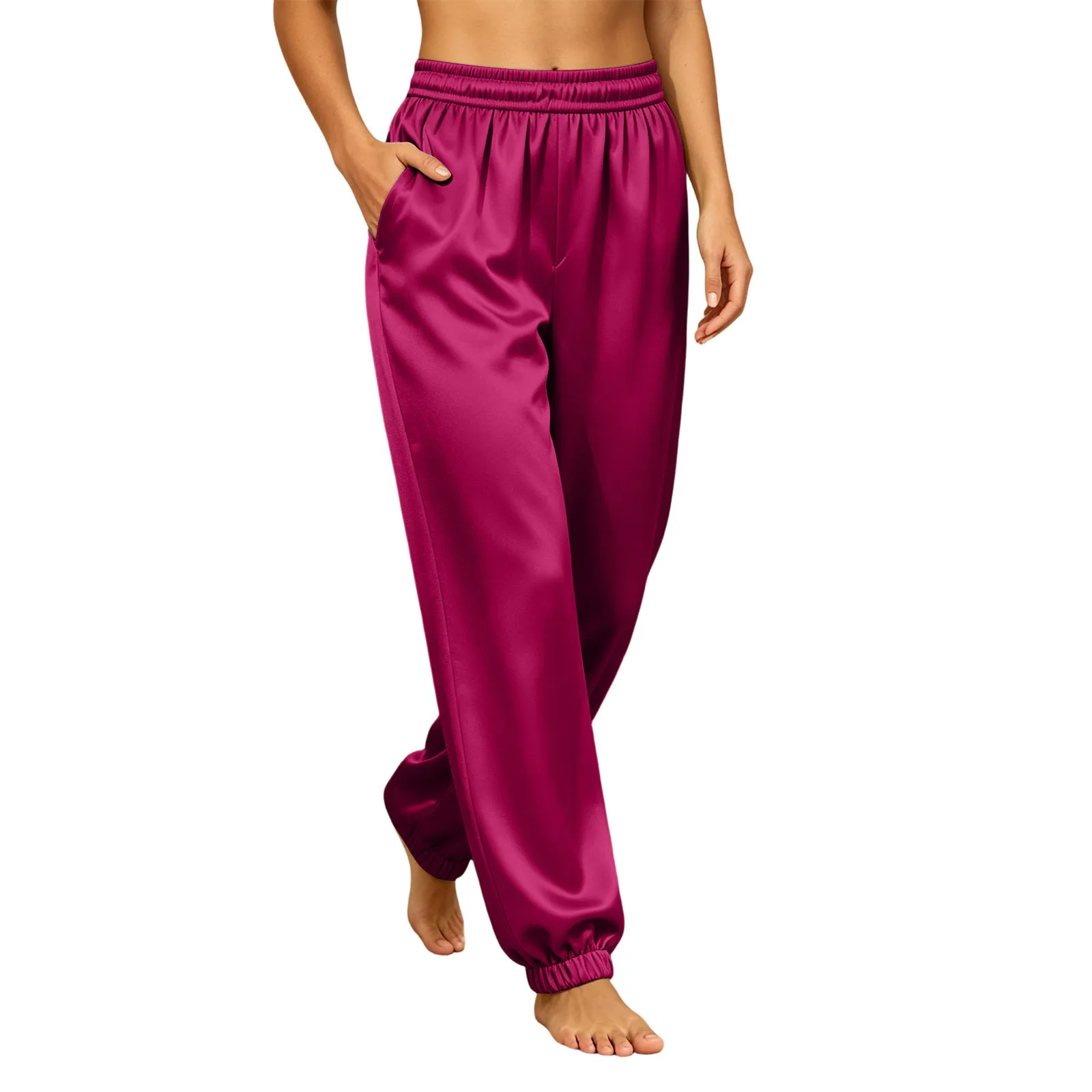 Women Satin Pajama Jogger Pants Elastic Waist Ankle Cuffs Side Pockets Loose Silky Sleep Bottoms Casual Home Trousers T9FX