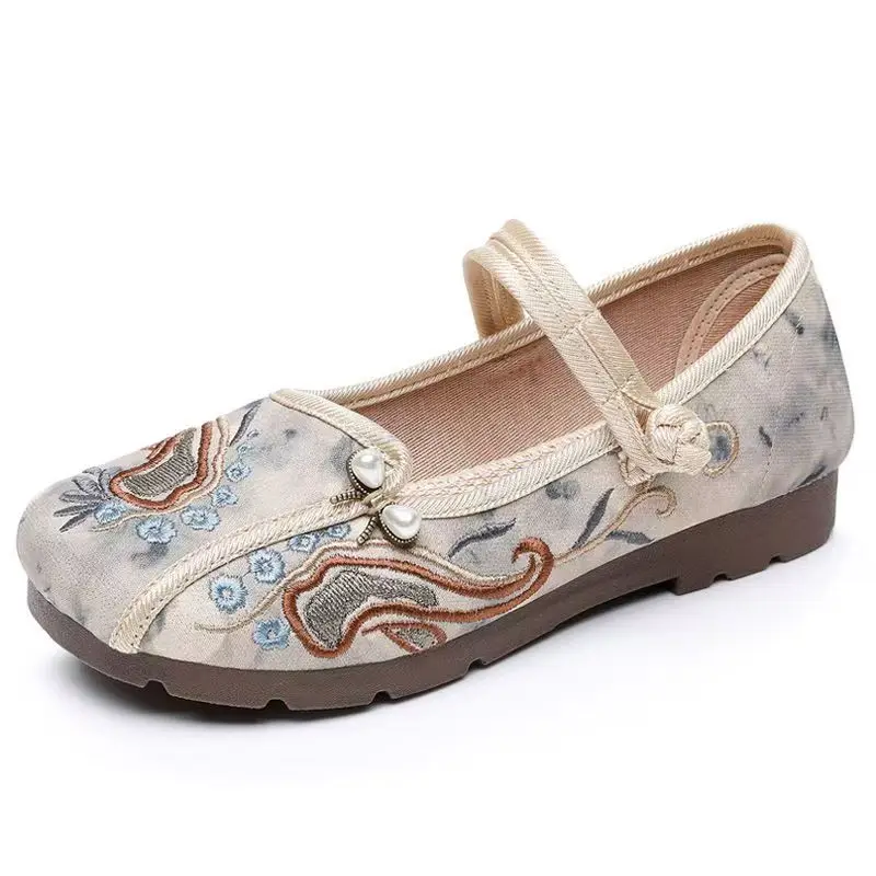 

Woman Flat sole Embroidered Cloth Shoes Spring Summer New Shallow Round Toe Buckle Strap Ethnic Style Soft Sole Hanfu Shoes
