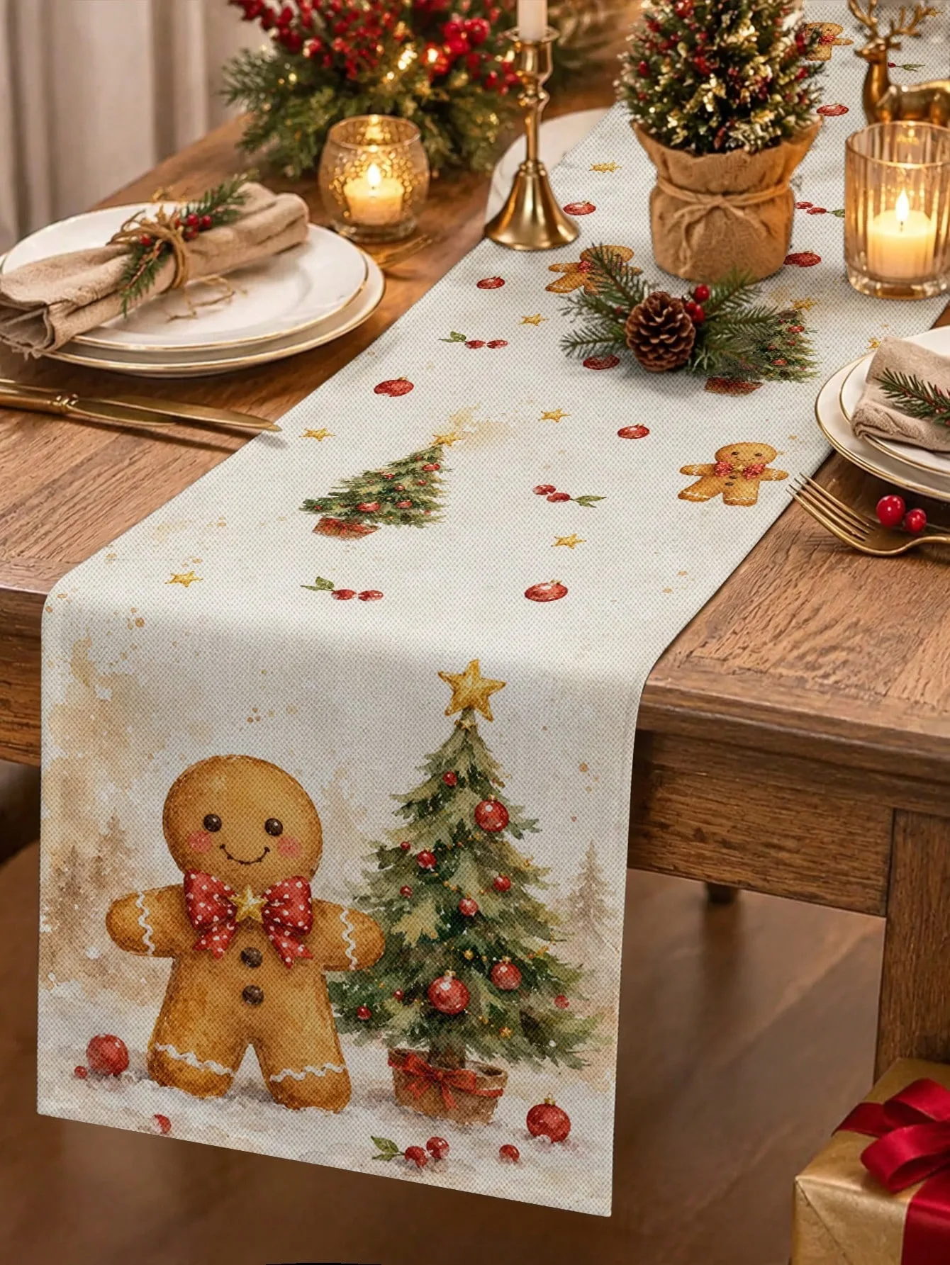 1pc Christmas Linen Table Runner Gingerbread Man Xmas Tree Bauble Print for Dining Table Kitchen Living Room Holiday Home Party