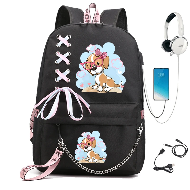 Cartoon Dog Beagle Bolsa de Escola para Mulheres, Mochila Kawaii para Estudantes Universitários, Mochila de Carregamento USB para Adolescentes Meninas