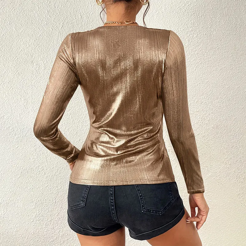 Sexy T-shirt Blouse Long Sleeve Tops  Folds Slim Elegant Fashion Ladies Elegant Party Style V-neck Glossy Pleated Casual Top