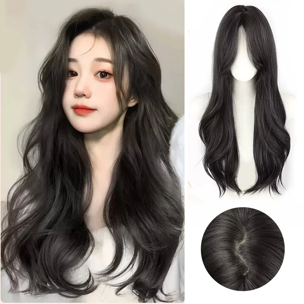 

ALXNAN Long Wavy Synthetic Wigs for Women Natural Black Wigs with Bangs Daily Cosplay Party Heat Resistant Fake Hair