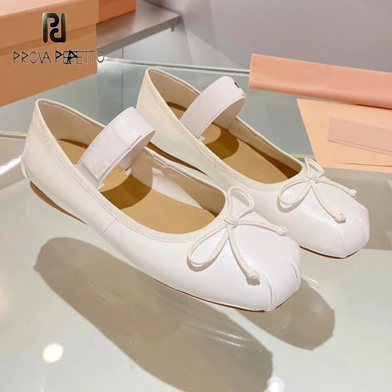 

Real Leather Ballet Flats Girlst Bowtie Decor Fashionable White Black Genuine Leather Ladies Flat Dress Shoes Comfortable Sapato