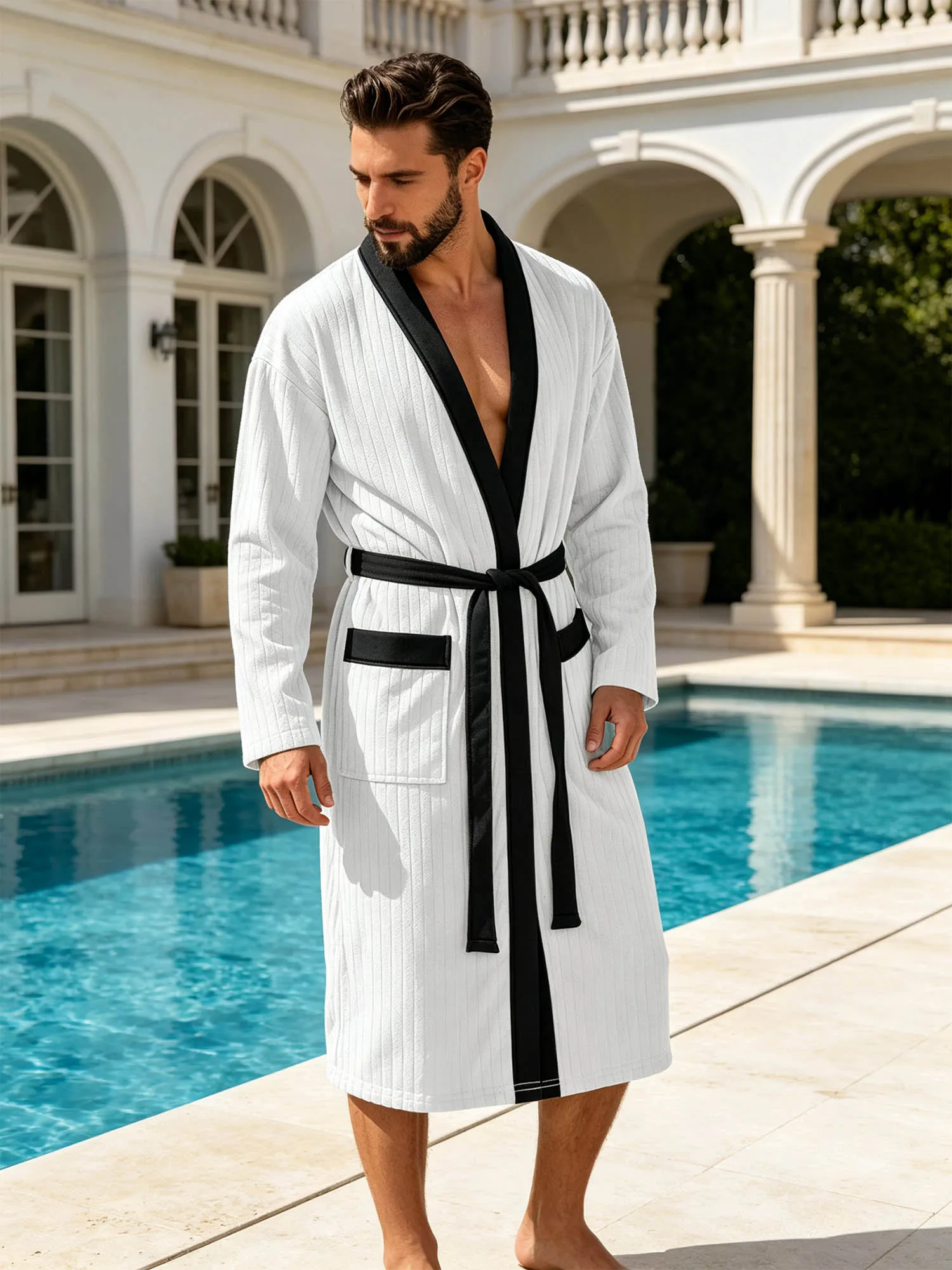 Men Ribbed Long Bathrobe Loungewear Long Sleeve Open Front Contrasting Color Trim Robe Pockets Night-robe Homewear with Belt
