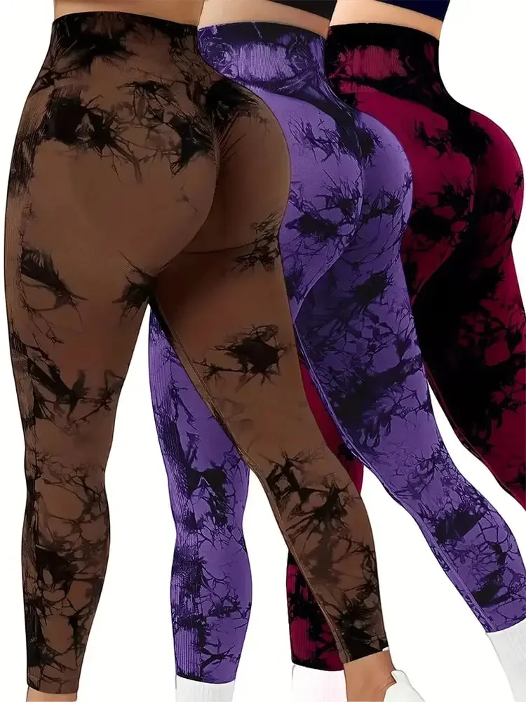 

Women's 3-Piece Tie-Dye Hip Lift Yoga Pants Exercise High-Waisted Pleated Fitness Pants