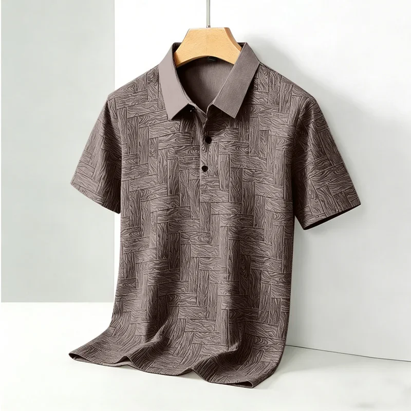 Men's Comfortable Short Sleeve Polo Shirt Weave Pattern Contrast Collar Design 2026 Casual Daily Office Fashion Top