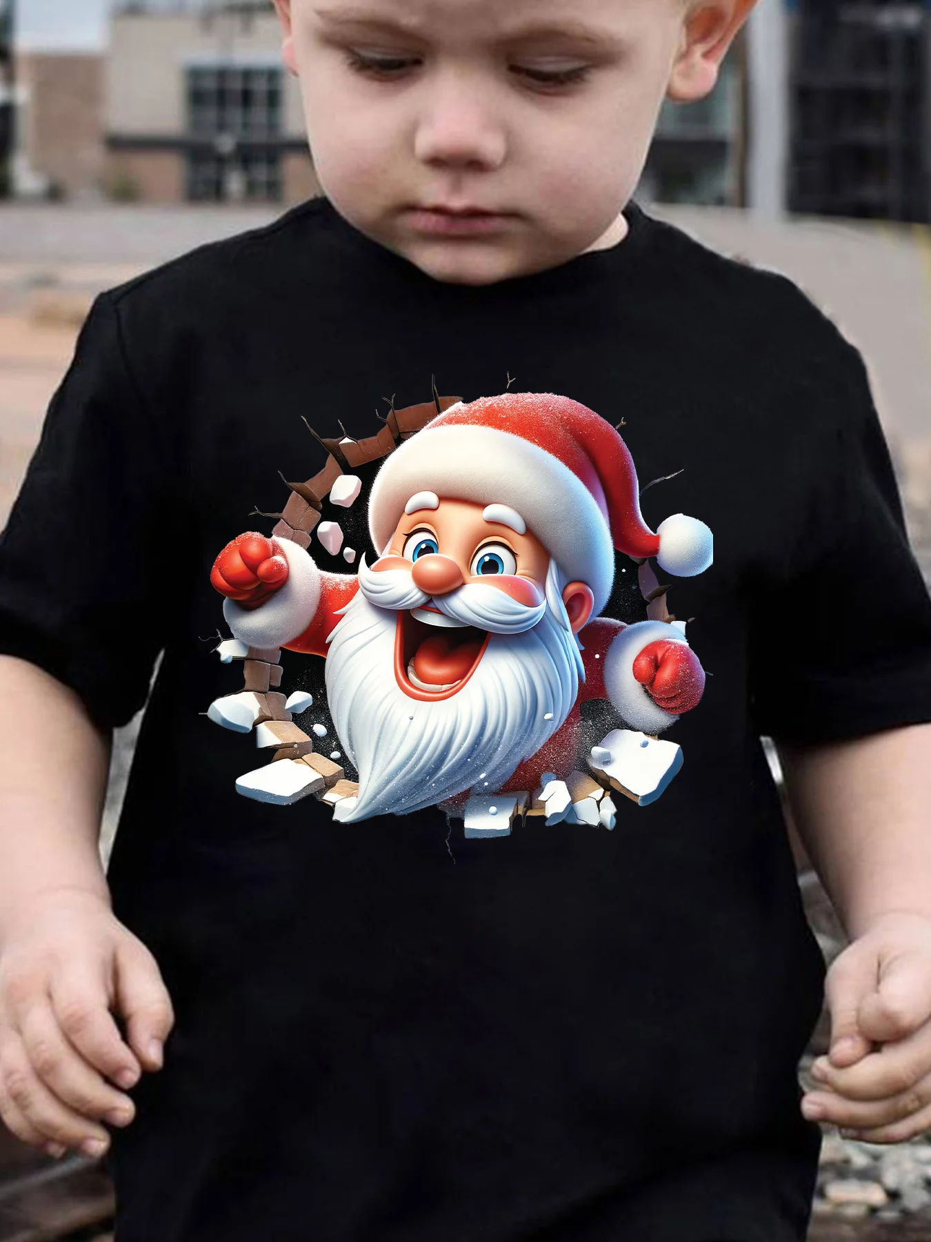 Kids Boys Girls Parent Child Matching Tee Christmas 3D Break Wall Santa Claus Graphic Print Short Sleeve Crew Neck Soft Tee
