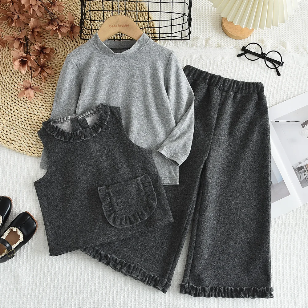 

2024 Autumn New Korean Three Piece Girls' Set with Grey Bottom Shirt Woolen Tank Top+Black Lotus Leaf Side Pants Autumn Clothing