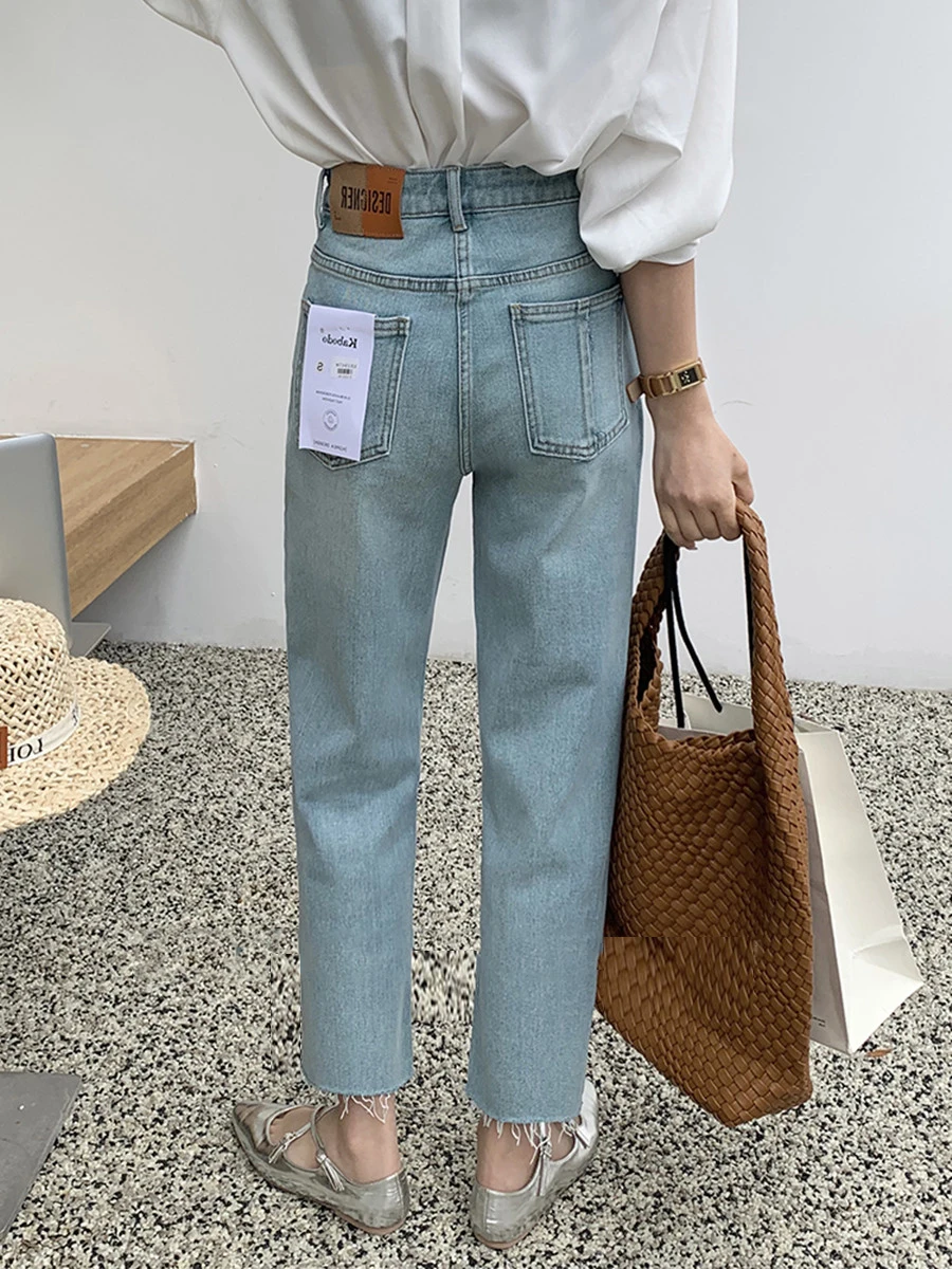 High Waist Woman Jeans 2024 Autumn New Arrivals Blue Color Botton Burrs Straight Korean Fashion Elegant Jeans Women Hot Sale