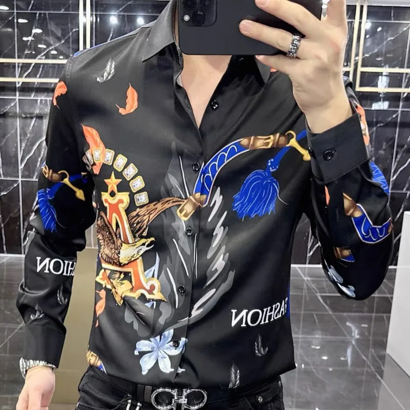 Animal Eagle Shirt Camiseta Masculina Fall Shirts For Men Social Club Outfits High Quality Fashion Hot Diamond Print Shirt Men