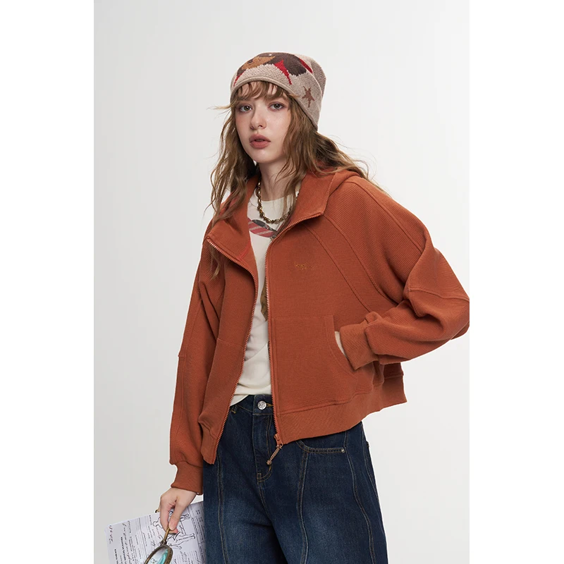 ELFSACK Women Y2K Cropped Zip‑Up Hooded Jacket with Star Applique, Waffle Knit Loose Outerwear for Fall Daily Wear