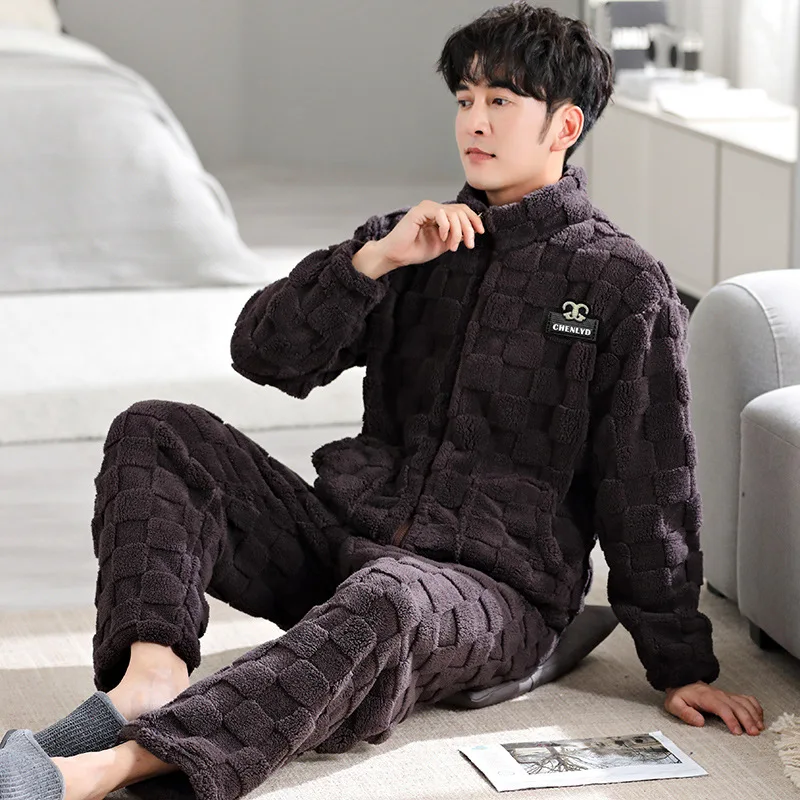 Autumn Winter Men's Coral Velvet Pajamas Set Fashion Thickened Flannel Zipper Home Suit Large Size Casual Warm Loungewear