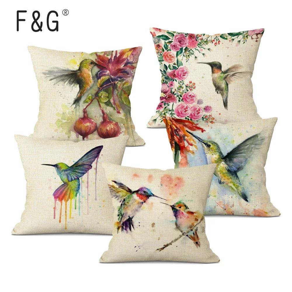 Watercolor Bird Print Cushion Cover Parrot Hummingbird Decorative Throw Pillow Case for Office,Home Sofa Decor