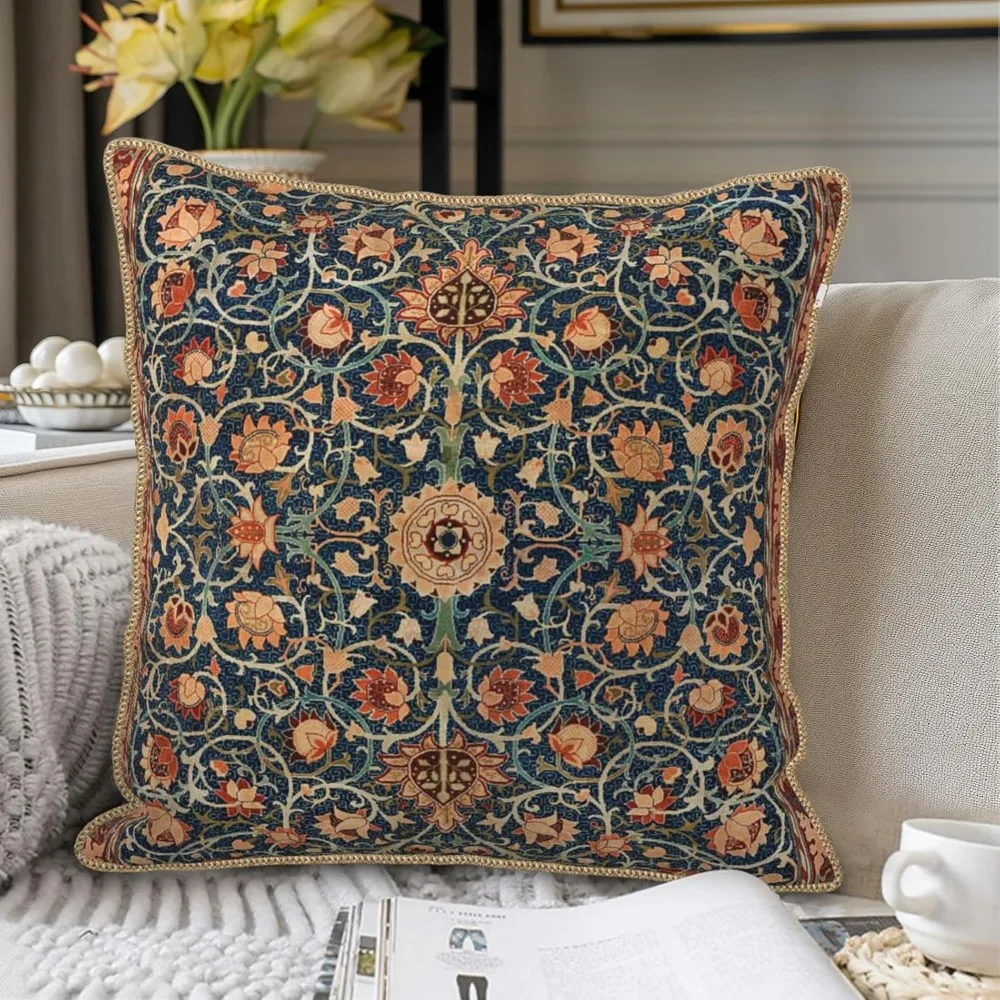 Vintage Floral Soft Velvet Throw Pillow Covers Set of 2 Burnt Orange Navy Flowers Plant 18x18 Inch Art Botanical Pillow Cases
