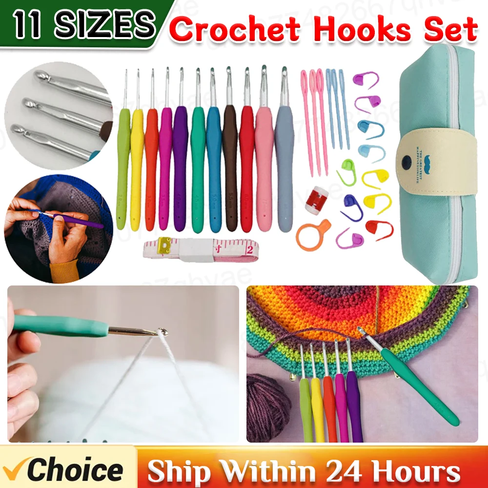 

Colorful Crochet Hooks Set 11 Sizes Aluminum Crochet with Storage Bag Ergonomic Handle Crochet Hooks Kit DIY Sewing Accessories