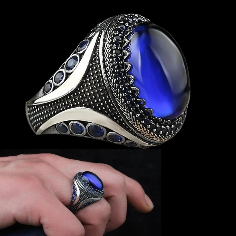 2024 Vintage Punk Large Dark Blue Stone Rings for Men Jewelry Accessories Wedding Jewelry Vintage Zircon Finger Rings