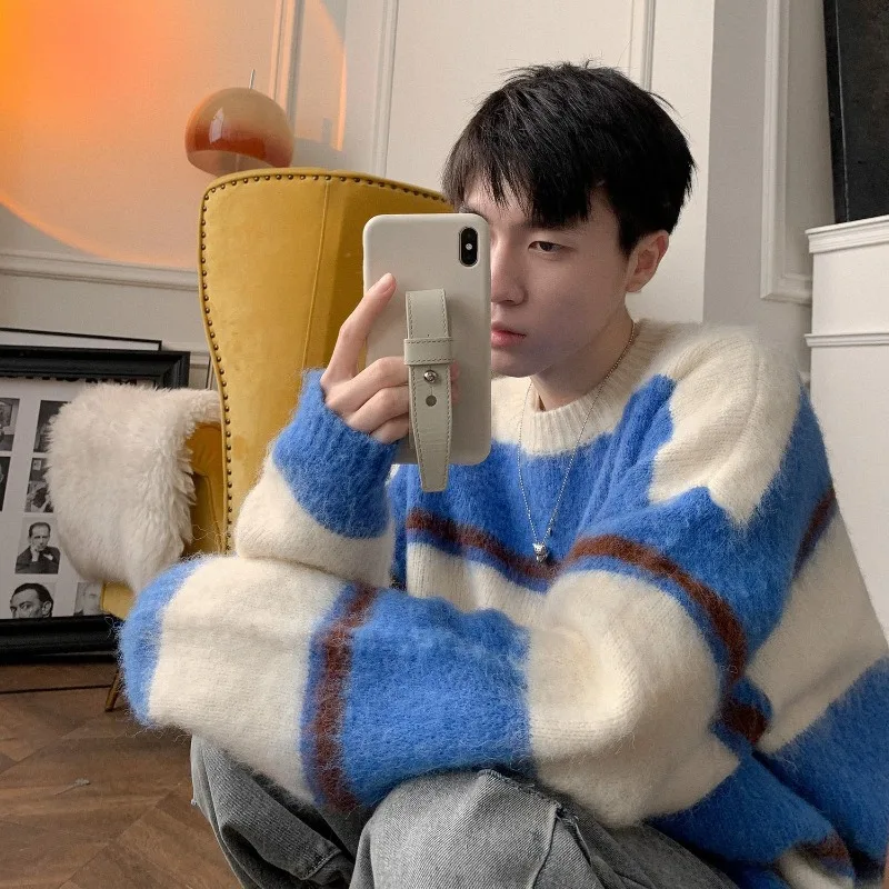 Thick Men's Knit Sweater Gray Original Korean Style Knitwear Woven Designer New in Sweatshirt Long Sleeve Striped Pullovers Male