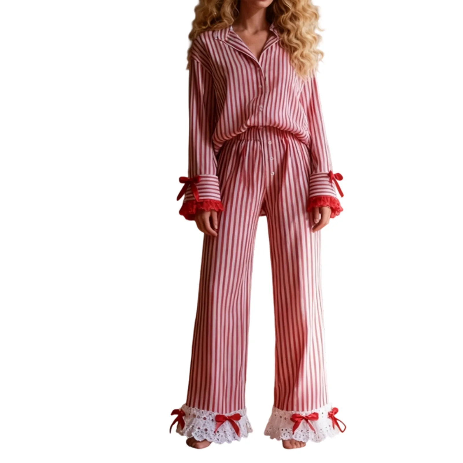 

Винтажная полосатая рождественская пижама с галстуком-бабочкой спереди для женщин, рождественская пижама с кружевной отделкой и длинными рукавами, домашняя одежда, комплект пижамных штанов с рюшами