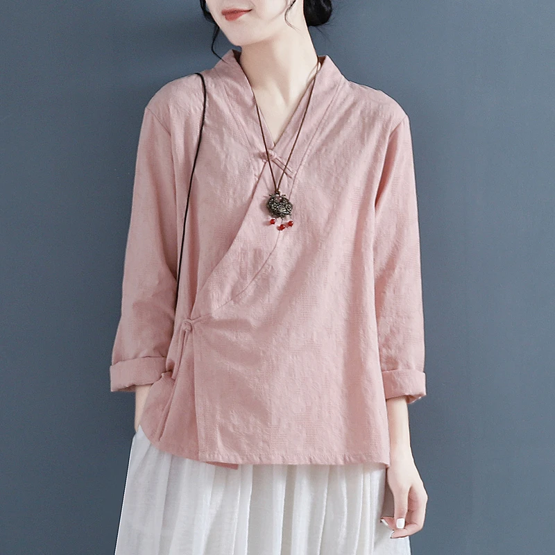 Summer Cotton and Linen Women's Shirt Cross V-Neck Long Sleeve Chinese Style Top Tea Clothing Hanfu Thin Loose Blouse