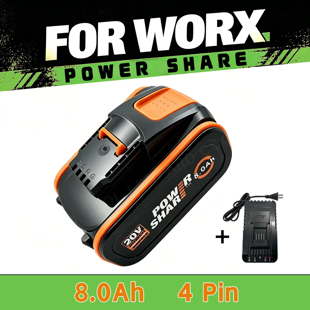 

For Worx 20V Lithium Battery 6.0Ah/8.0Ah High Capacity Small Pin Power Share WA3551 WA3553 WA3050 for Cordless Power Tools