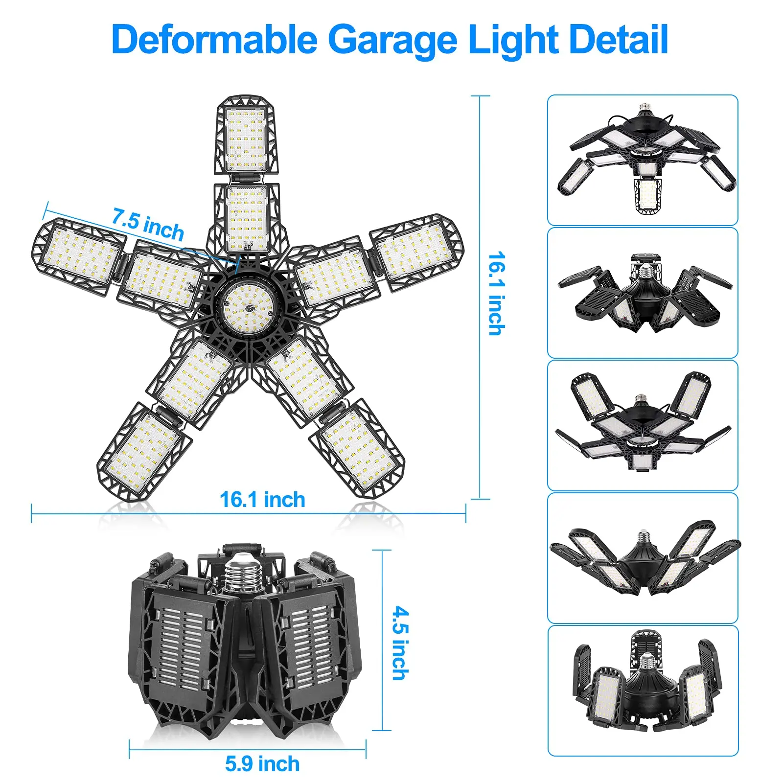 Deformable LED Garage Light with 3/5/10 Adjustable Panel E26/E27 Ceiling Lamp for Warehouse Workshop Industrial Lighting Fixture