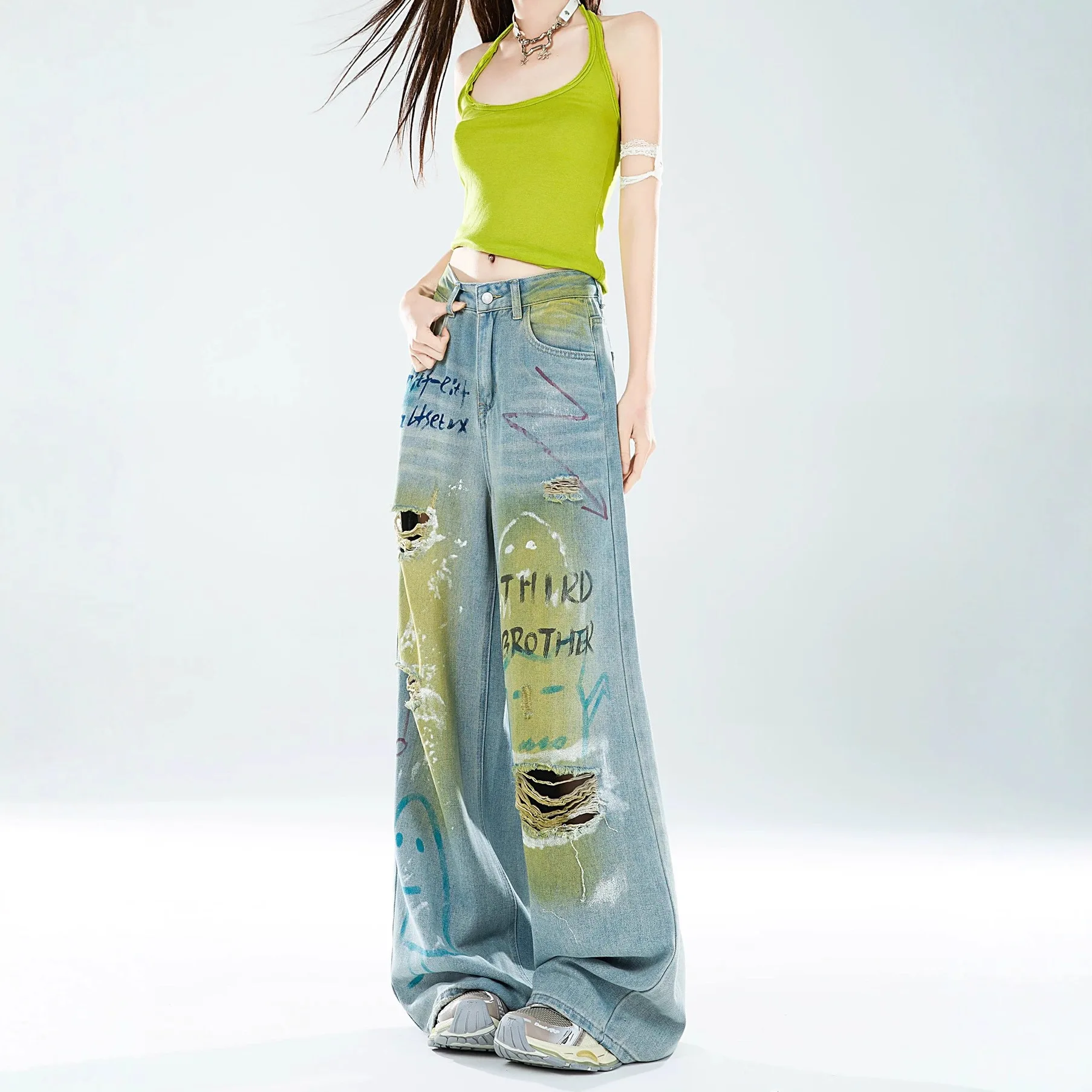 2026 Summer New Dopamine Graffiti Ripped Jeans For Women American Vintage Baggy Wide Leg Pants 4