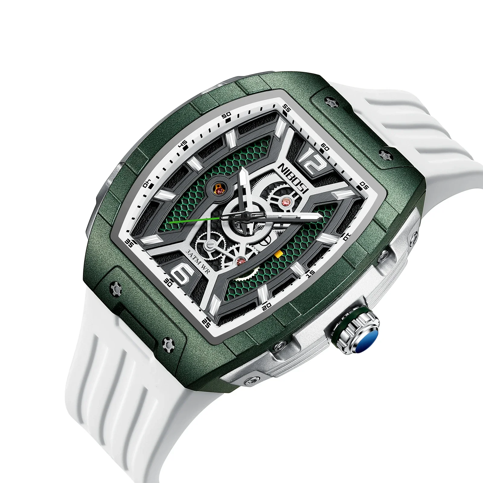 

NIBOSI Роскошные автоматические часы со скелетом, мужские часы Tonneau в спортивном стиле, кварцевые часы с силиконовым ремешком, водонепроницаемые светящиеся часы 3ATM