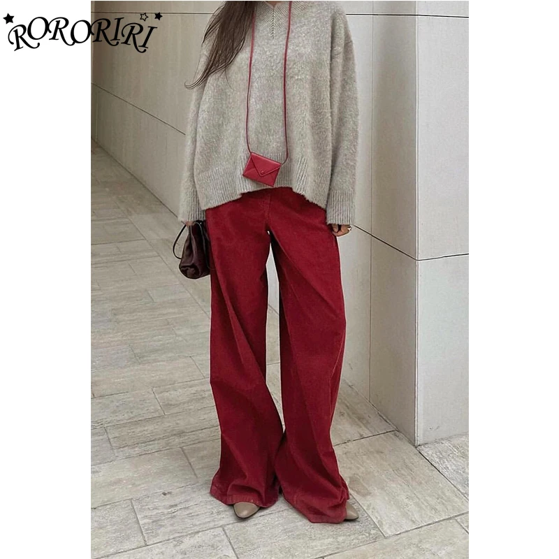 سراويل RORIRI باللون الأحمر الداكن المخملي للنساء بخصر عالٍ وواسعة الساق سراويل قصيرة فضفاضة للنساء ملابس الشارع سراويل طويلة سراويل شتوية