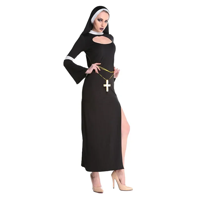 Nun Costume Easter Halloween Fancy Sexy Black Church Sister Disguise Party Cosplay Dress Fantasy Stage Performance Clothes