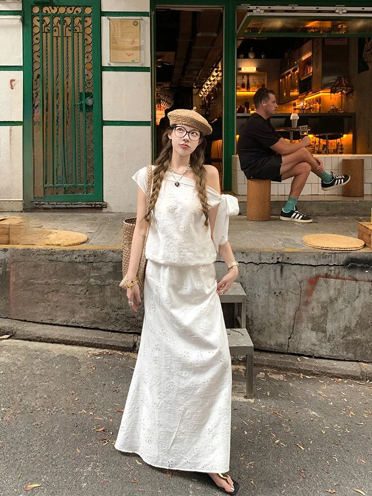 

LUU Cherry Girl Embroidered Floral Long Dr Women's Summer White Off-oulder Gown Draped A-Line Silhouette Korean Sle