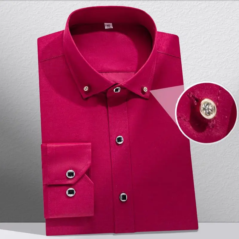 

Autumn Wine Red Long Sve Men's Casual irt Busin Casual Profional Drill Button Red irt Western Sle Workwear