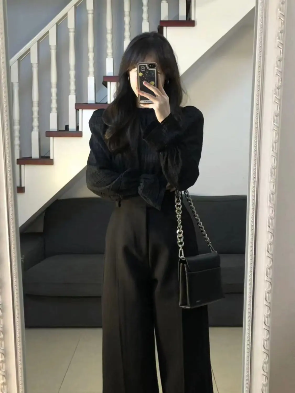 Black Two Piece Sets Women Outifits 2024 Autumn New Long Sleeve O Neck Cropped blouse + High Waisted Wide Leg Pant Suits