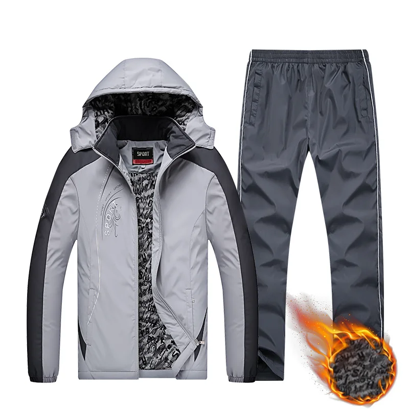 Winter Tracksuit Men Thicken Fleece Jacket+pants Two Piece Brand Clothing Set Fur Hooded Sportswear Sweatpants Track Suit