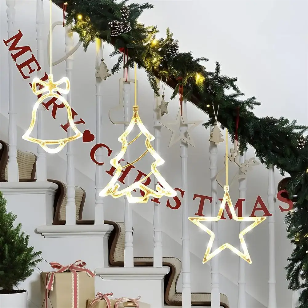 Luzes da janela do Natal com ventosas, alimentado por pilhas, Tree Bell, Star Shaped LED Otário Lâmpada, 3600 K, 3pcs