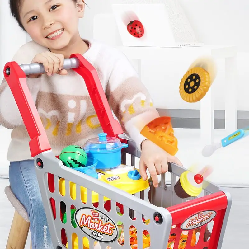 Pink Shopping Trolley Cart Supermarket Trolley Push Car Toys Basket Mini Simulation Fruit Food Pretend Play Toy for Children